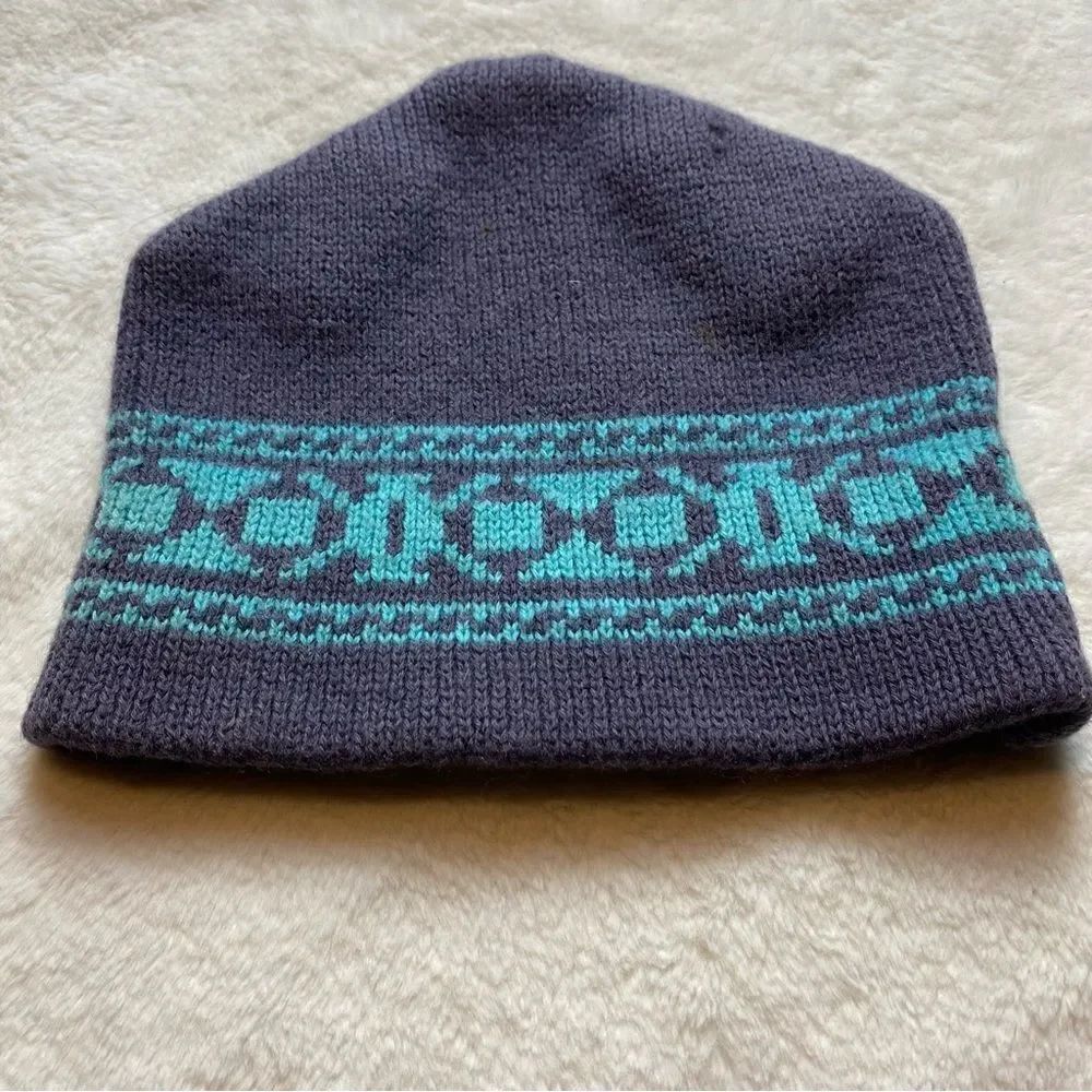 Smiley Gray and Teal Knit Fair Isle Style Wool Hat
